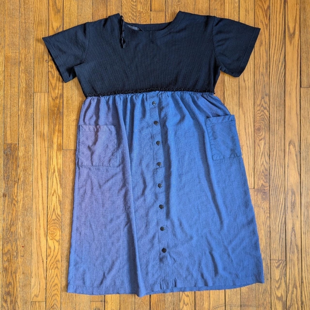 Vintage 90's Black & Blue Houndstooth Midi Dress